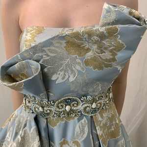 Mac duggal blue and gold couture ball gown
